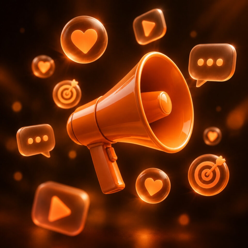 Megafono arancione circondato da icone social