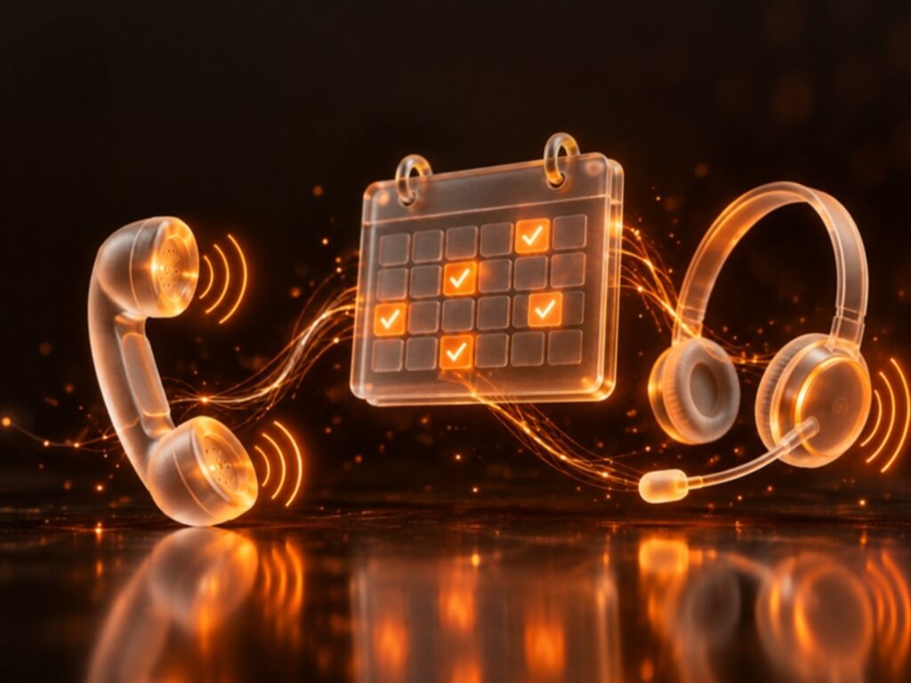Cornetta e cuffie in vetro collegate a un calendario di appuntamenti arancione
