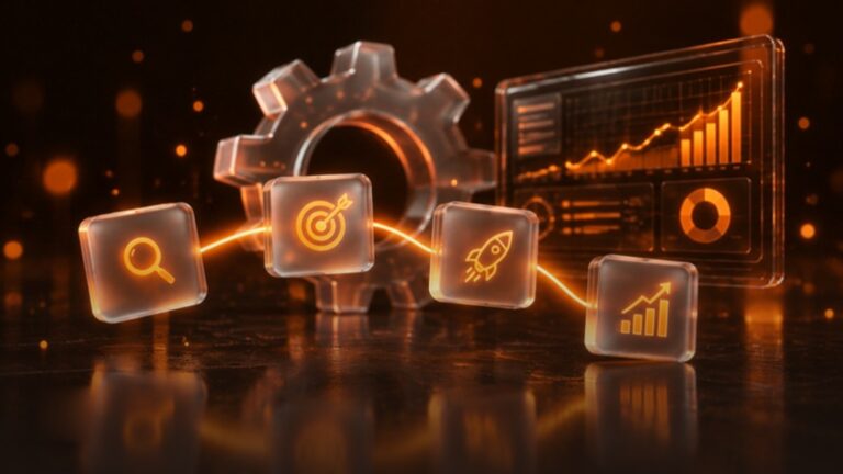 Percorso in quattro passi con ingranaggio e dashboard in vetro arancione