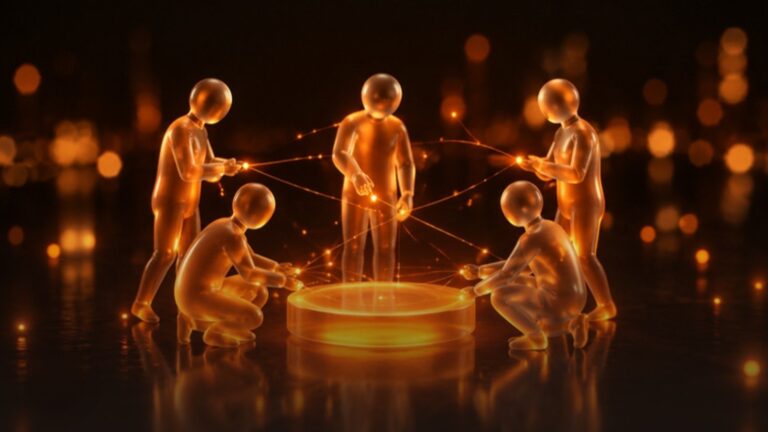 Team di figure in vetro unite da fili di luce arancione