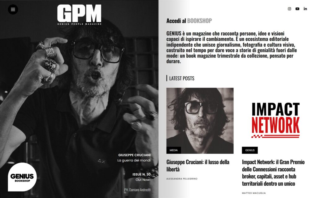 Il sito di Genius People Magazine con la copertina del numero in uscita