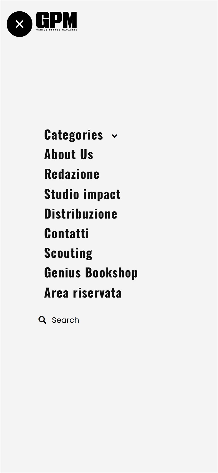 Il menu mobile di Genius People Magazine