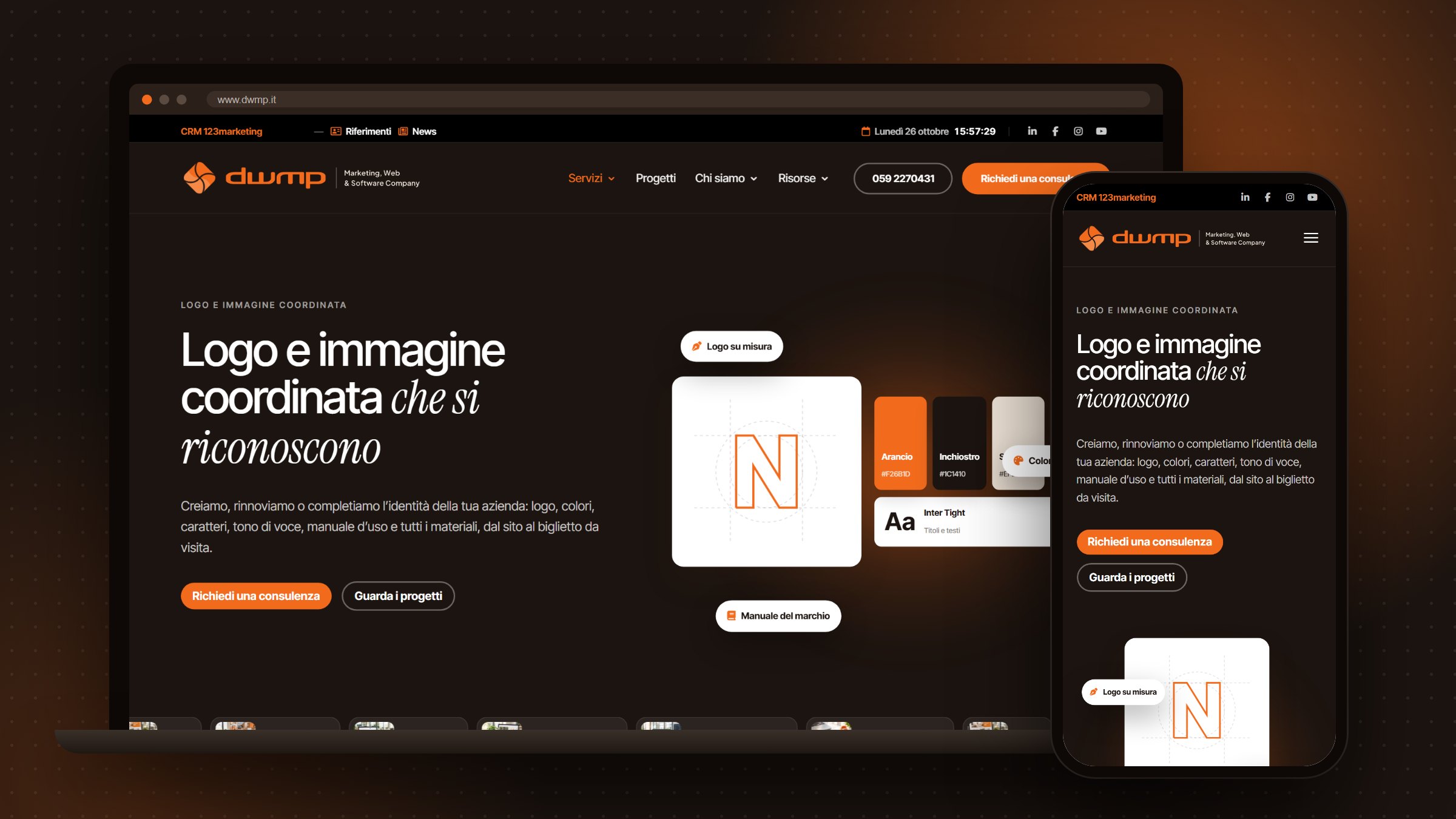 Pagina logo e immagine coordinata DWMP su portatile e smartphone